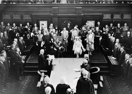 Photograph of HRH the Duke of York and the Duchess inside the Senate Chamber.