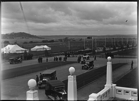 Royal Visit, May 1927. Official vehicles arriving outside Parliament House.