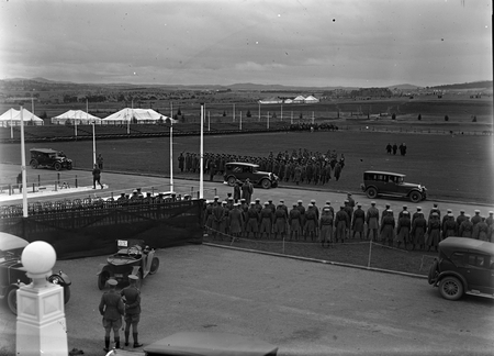 Royal Visit, May 1927. Official vehicles arriving outside Parliament House.