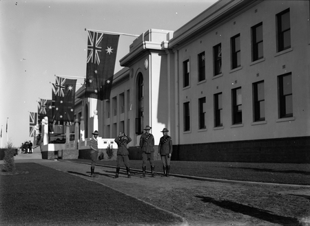 Royal Visit, May 1927. Unidentified army officers outside Parliament House.
