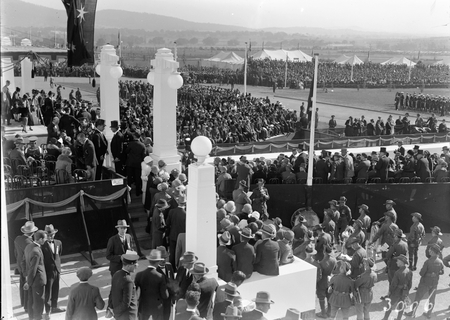 Royal Visit, May 1927. Troops, spectators, official guests and Army Band outside Parliament House.
