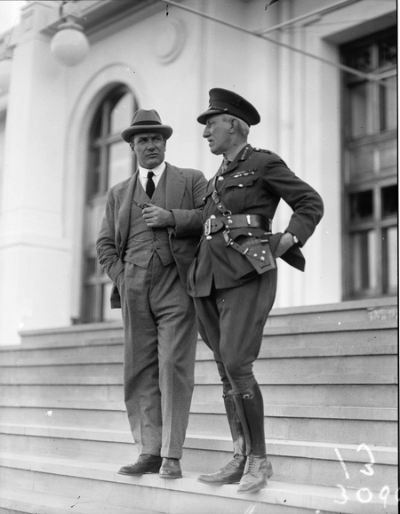 Royal Visit, May 1927. Sir John Butters and an Army officer on the steps of Parliament House.