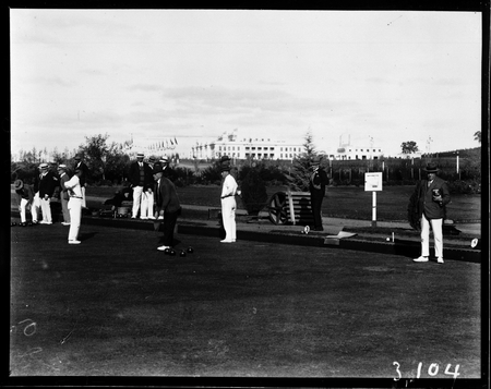 Royal Visit, May 1927. Game of bowls in progress at the Hotel Canberra greens.