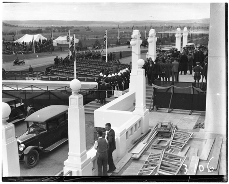 Royal Visit, May 1927. Front of Parliament House, probably during a rehearsal and assembly of the viewing stands.