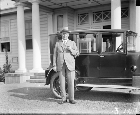 Royal Visit, May 1927. Sir John Harrison with motor car in front of the Acton Offices.