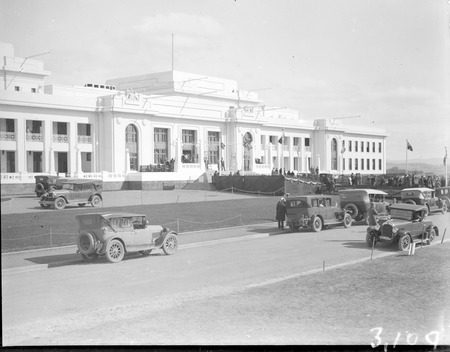 Motor cars in Parkes Place in front of  Parliament House