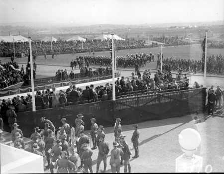 Royal Visit, May 1927 - Troops, spectators and Army Band outside Parliament House and official guests