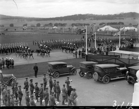 Royal Visit May 1927 - Mounted police riding past Naval and Army formations outside Parliament House during rehearsal