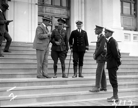 Sir John Butters with Naval and Army officers on steps of Parliament House