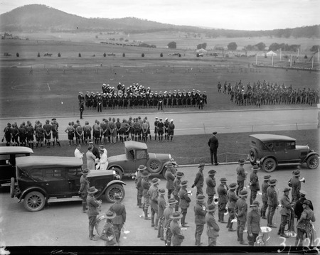 Royal Visit, May 1927 - Outside Parliament House showing Army band, Navy and Army formations and boy scouts during rehearsal
