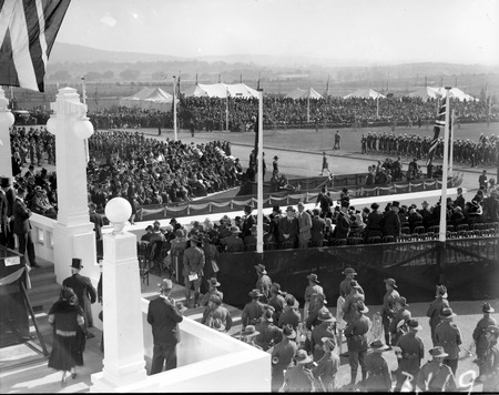 Royal Visit, May 1927 - Troops, spectators and Army Band outside Parliament House and official guests