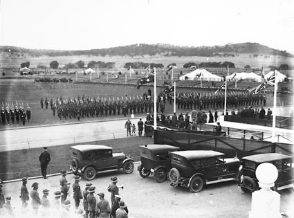 Royal Visit, May 1927 - Army and Navy Troops on Parkes Place during rehearsal