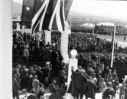 Royal Visit, May 1927 - Troops, spectators and Army Band outside Parliament House with official guests   