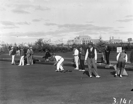 Game of bowls in progress at the Hotel Canberra green.