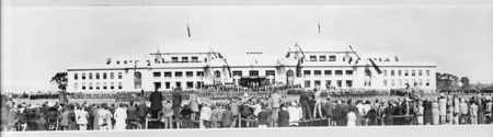 Photograph of the front of Parliament House during the opening ceremonies, from Parkes.