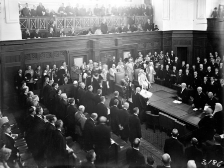 Senate Chamber with Duke and Duchess of York officiating at the opening of Parliament House.