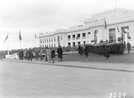Front of Parliament House during rehearsals for the opening. Navy on the right.