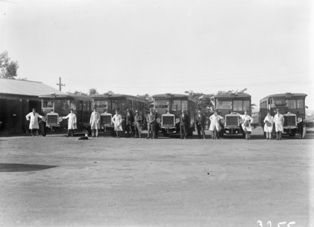 Five AEC motor buses with crews at Kingston Depot.