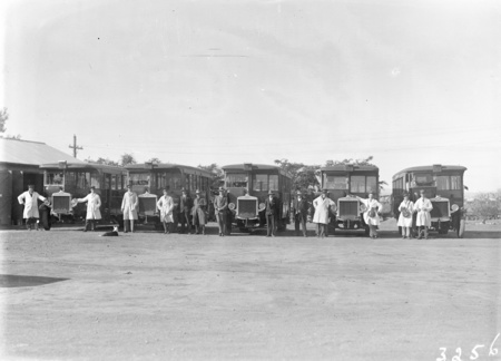  Five AEC motor buses with crews at Kingston Depot.