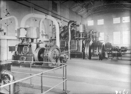 Kingston Power Station. Robey Hall 150 kW twin cylinder steam engine and alternator with two Bellis and Morcomb 600 kW 3 cylinder triple expansion steam engines with alternators.