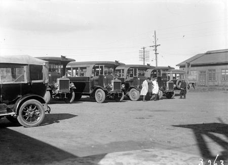 Five AEC motor buses with crews at Kingston Depot.