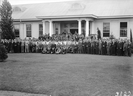 Group photograph of Federal Capital Commission staff outside Acton Offices.