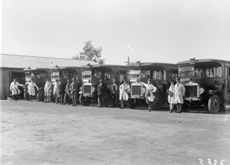 Five AEC motor buses with crews at Kingston Depot.