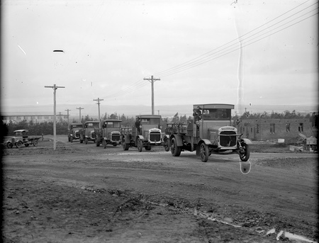 Five Thorneycroft motor trucks on the road