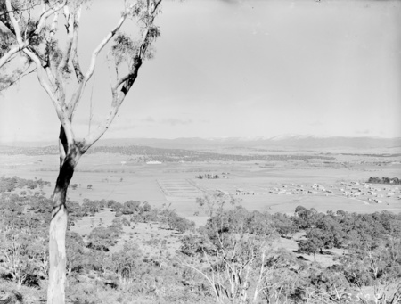 View from Mount Ainslie showing Reid, Anzac Park, St John's Church and Parliament House. Snow on the Brindabellas.