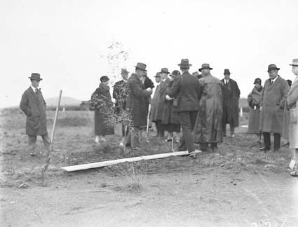 Group photographs taken at various points during visit by the Institution of Engineers for tree planting in Canberra Avenue