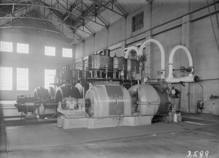 Kingston Power Station. BTH Curtis 1500kW Turbo Alternator. Installed Oct 1927. Bellis and Morcom steam engines in background.