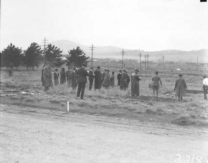 Group photographs taken at various points during visit by the Institution of Engineers for tree planting in Canberra Avenue