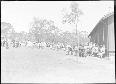 Part of crowd and children at the opening of Mount Russell School.