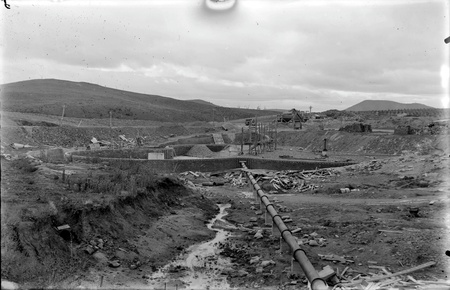 Weston Creek sewerage treatment works showing pipe line and trickling filters
