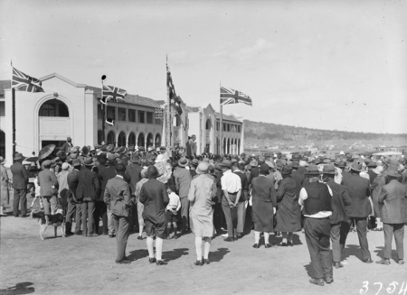 Formal opening of Civic Centre by Prime Minister S M Bruce. Part of the crowd in front of the Sydney Building.