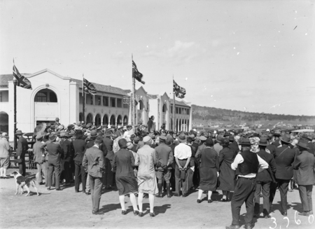 Formal opening of Civic Centre by Prime Minister S M Bruce. Part of the crowd in front of the Sydney Building.