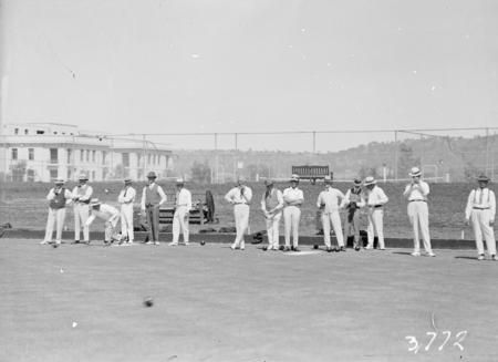 Visit by the Ashfield Bowling Club of Sydney. Game of bowls on the Parliament House greens.