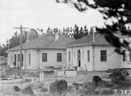 Solar tower, Observatory buildings, under construction. Mount Stromlo Observatory.
