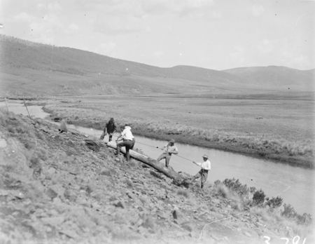 Four men erecting a power pole near the Monglo River.