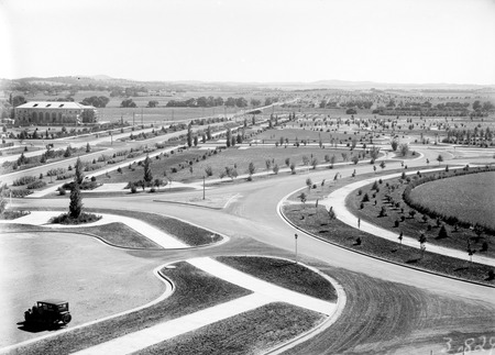 Commonwealth Avenue and Albert Hall from West Block showing young trees and roads