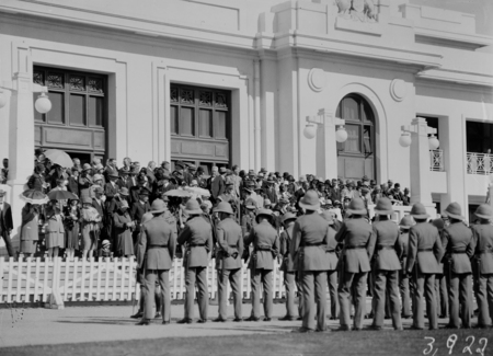 ANZAC Day 1928. Duntroon Royal Military College Cadets on parade and part of the crowd in front of Parliament House.