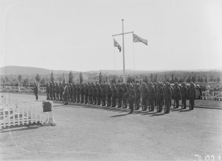 ANZAC Day 1928, Parliament House. Duntroon Royal Military College Cadets on parade.
