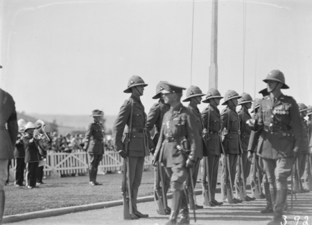 ANZAC Day parade, Parliament House. Inspection of Guard of Honour of Duntroon Royal Military College Cadets by Govenor General, Lord Stonehaven.