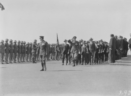 ANZAC Day parade, Parliament House. Ex-Servicemen taking the salute, parading past Duntroon Royal Military College Cadets.
