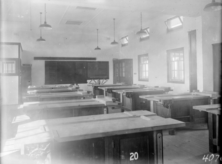 Carpentry workshop with work benches in a Technical School.
