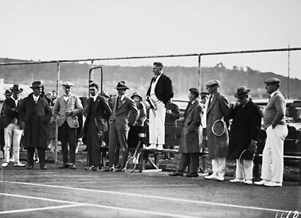 Dr Earle Page speaking at the opening of the new Canberra Tennis Association Central Courts,  Manuka.