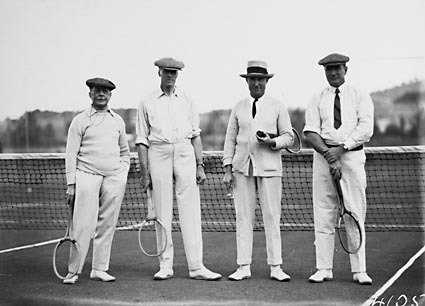 Mr Latham, Sir Littleton Groom, Dr Earle Page  and Sir John Butters in tennis gear  at the opening of the new Canberra Tennis Association Central Courts,  Manuka.