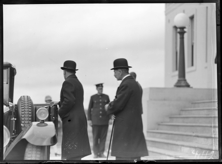 Lord Stonehaven with Aide-de-Camp arriving at the Capitol Theatre, Manuka, for Empire Day celebrations.
