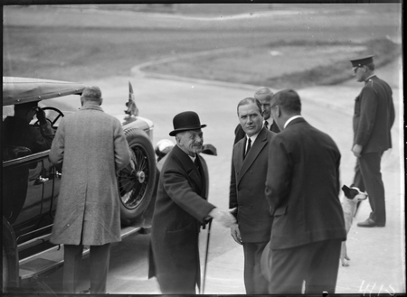 Sir John Butters greeting the Governor General, Lord Stonehaven, at Capitol Theatre, Manuka, for Empire Day celebrations.