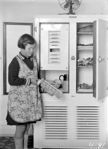 Girl with an ice tray from a two door  refrigerator